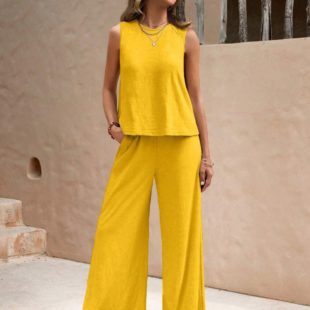 
                      
                        Round Neck Sleeveless Top and Wide Leg Pants Set
                      
                    