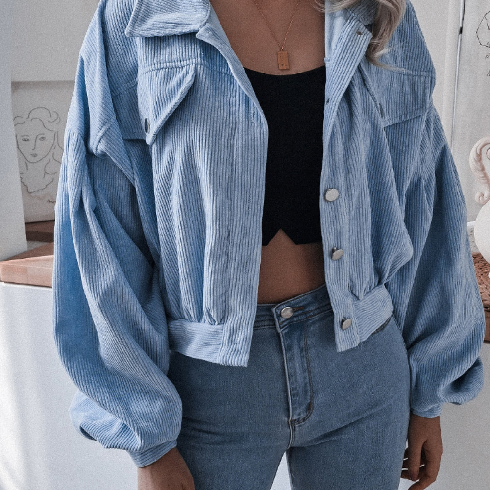 Lantern Sleeve Cropped Corduroy Jacket