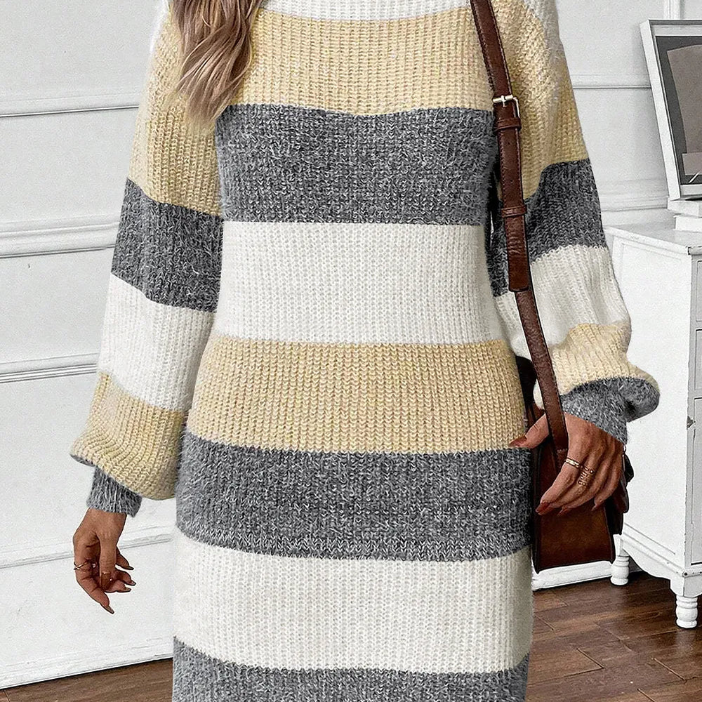 Color Block Boat Neck Long Sleeve Sweater Dress