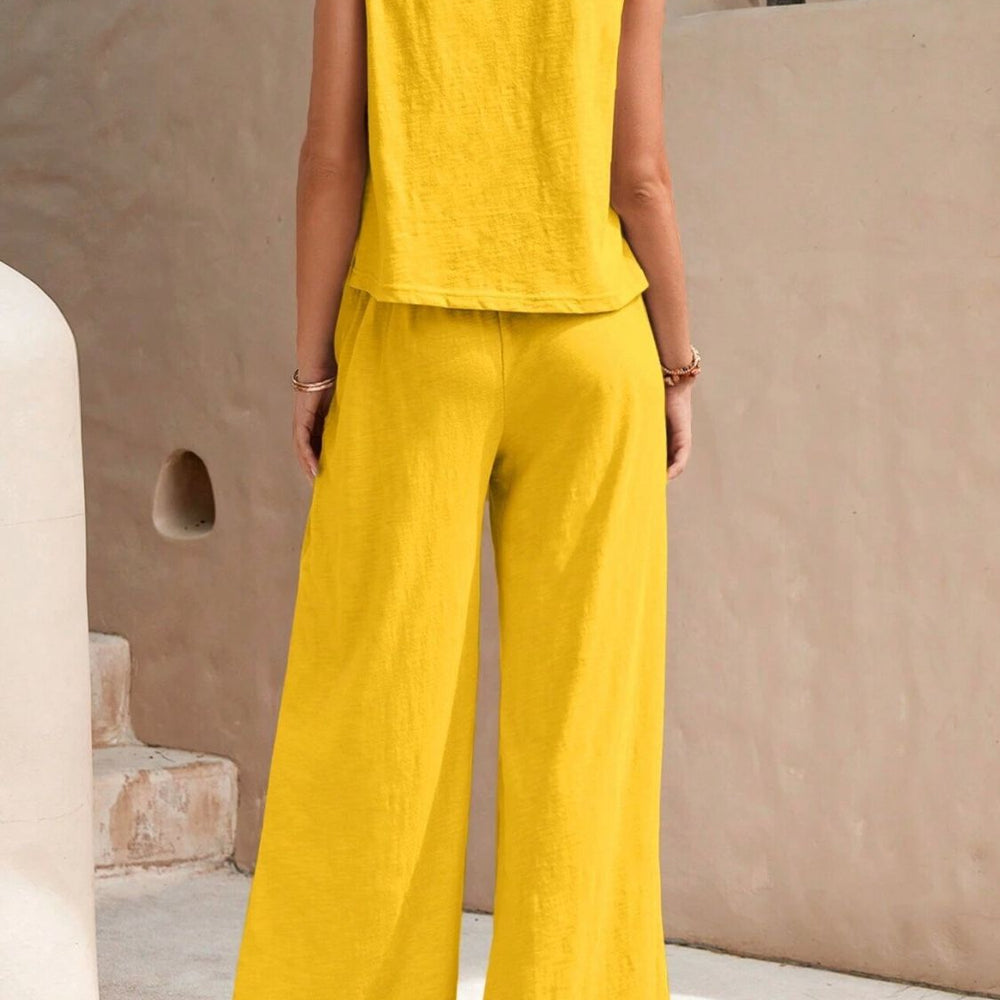 
                      
                        Round Neck Sleeveless Top and Wide Leg Pants Set
                      
                    