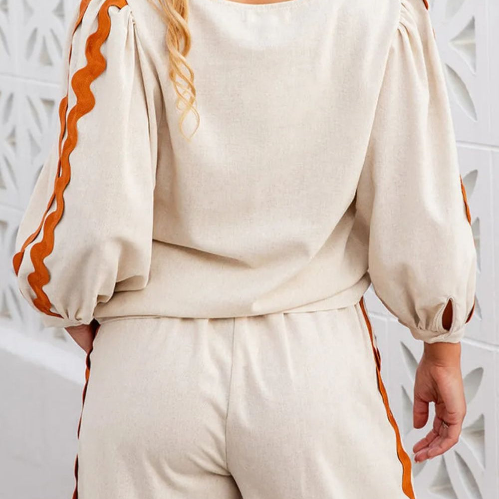 Round Neck Long Sleeve Top and Drawstring Pants Set