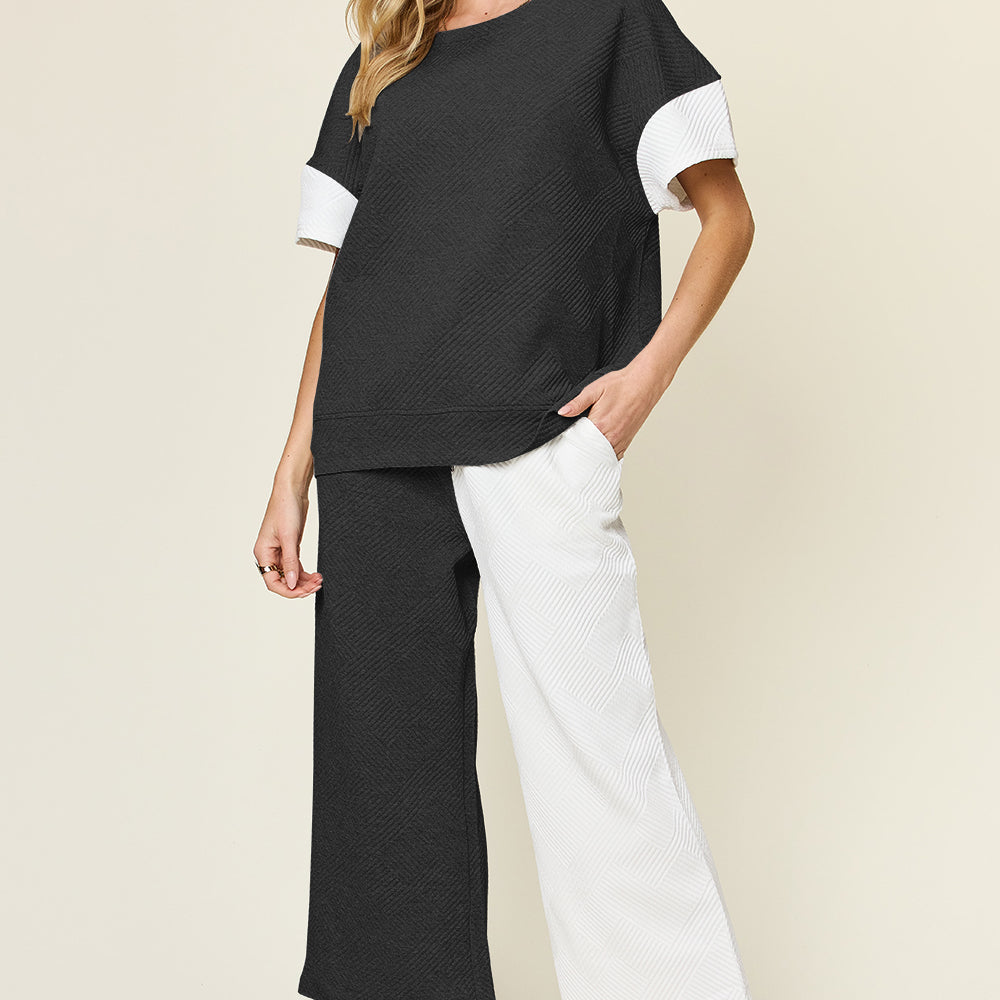 Texture Contrast T-Shirt and Wide Leg Pants Set