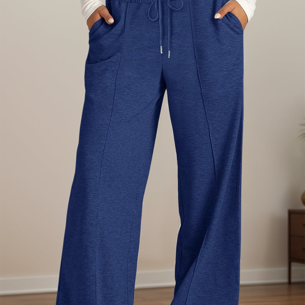 Drawstring Elastic Waist Wide Leg Pants Pocketed