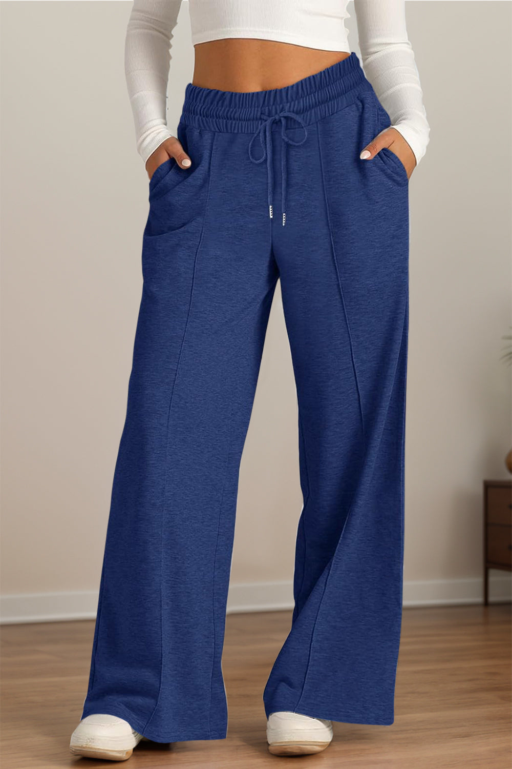 Drawstring Elastic Waist Wide Leg Pants Pocketed