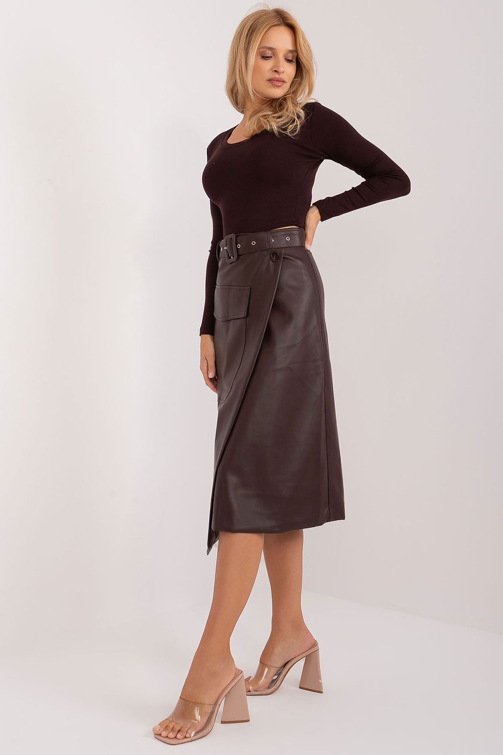 Envelop Front Eco Leather Skirt