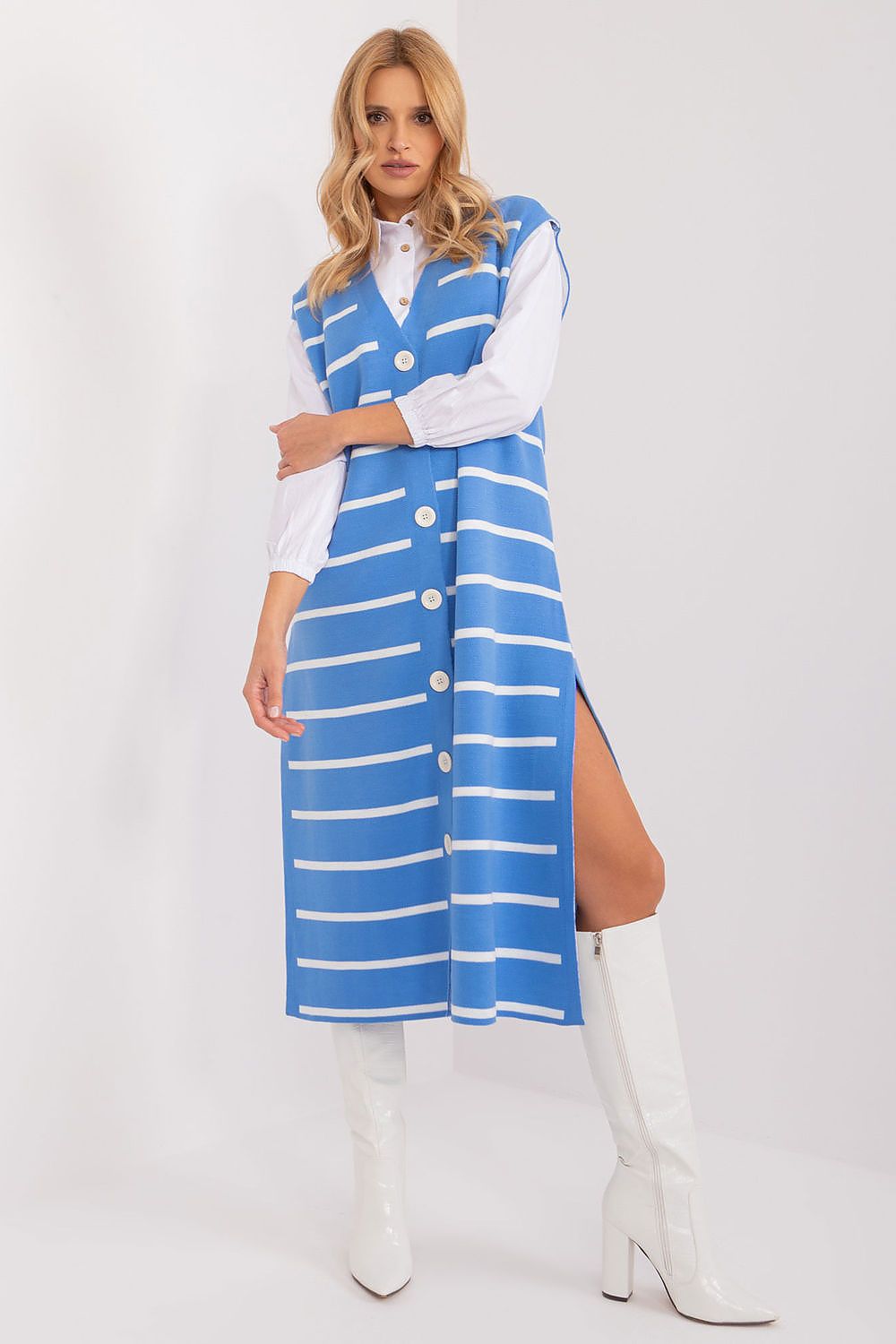 Striped Sleeveless Midi Dress with Button Front