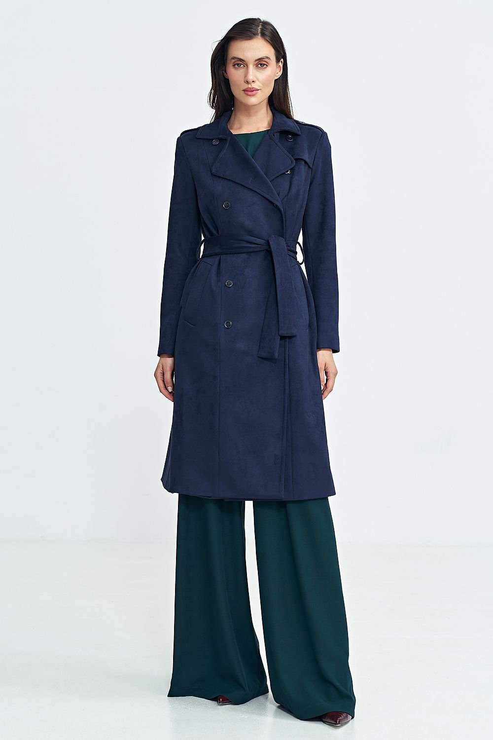 Military-Inspired Nubuck Long Coat with Belt