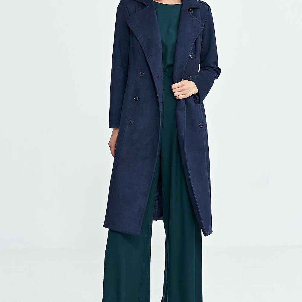 Military-Inspired Nubuck Long Coat with Belt