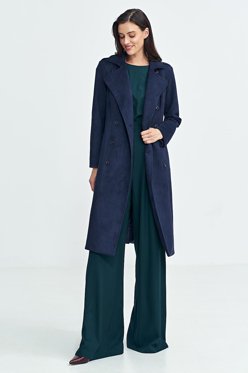 Military-Inspired Nubuck Long Coat with Belt