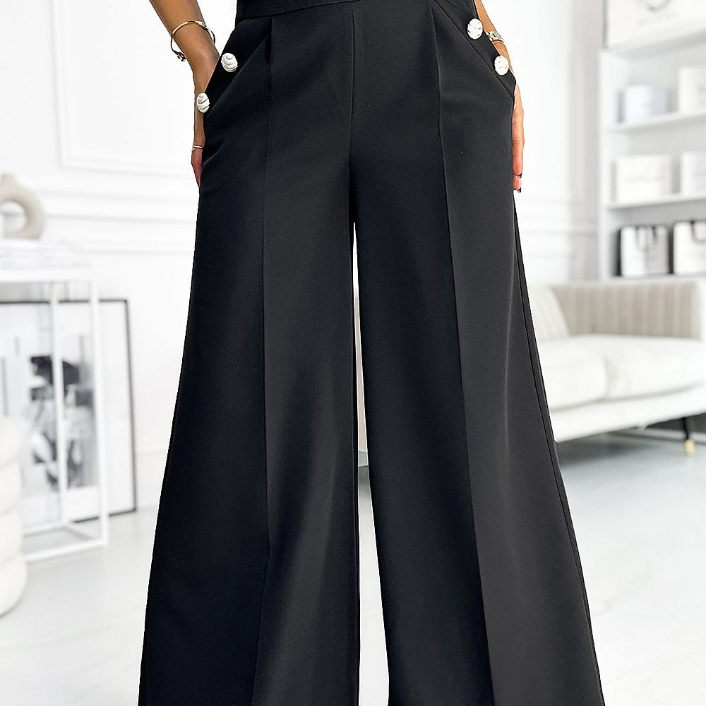 Elegant Wide Pant Adorned Gold Buttons