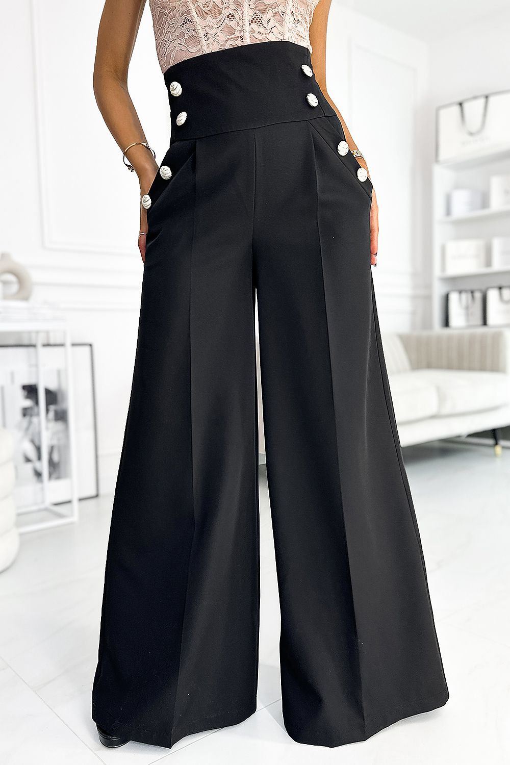 Elegant Wide Pant Adorned Gold Buttons