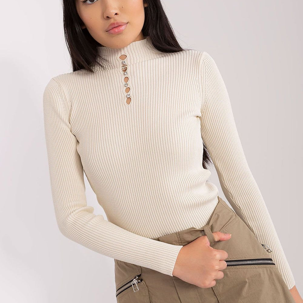 Elegant Cotton Turtleneck Blouse with Rhinestone Detail