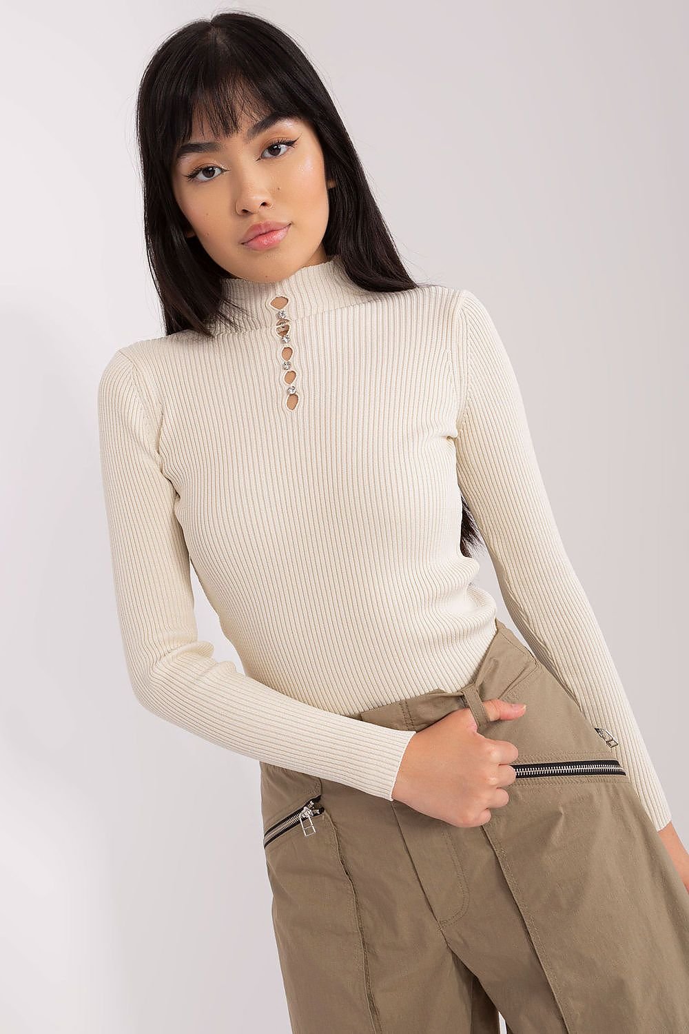 Elegant Cotton Turtleneck Blouse with Rhinestone Detail