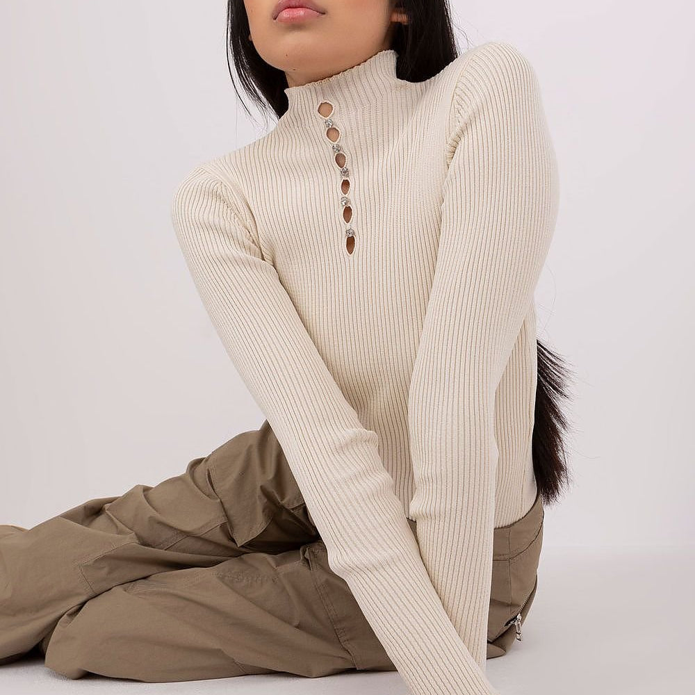 Elegant Cotton Turtleneck Blouse with Rhinestone Detail