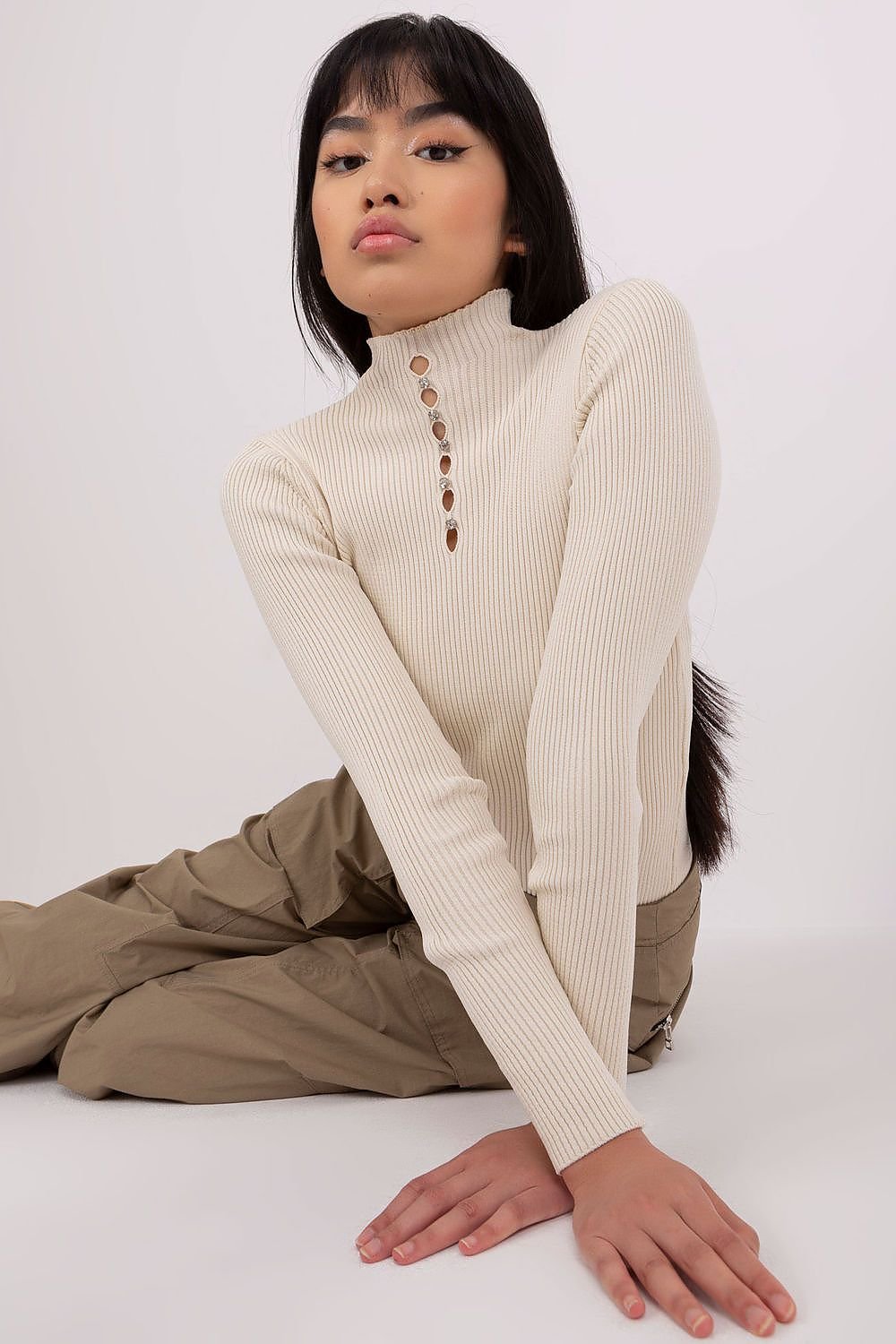 Elegant Cotton Turtleneck Blouse with Rhinestone Detail