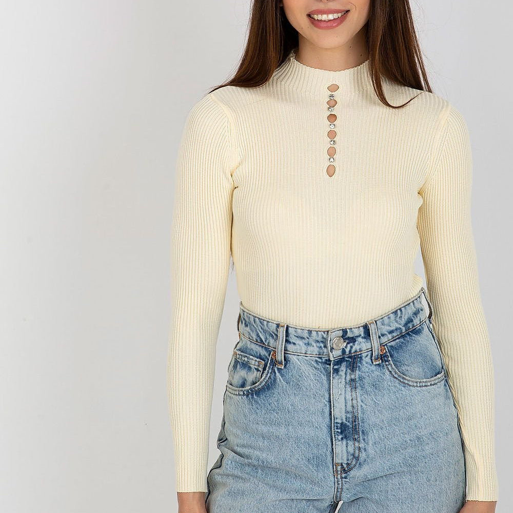 
                      
                        Elegant Cotton Turtleneck Blouse with Rhinestone Detail
                      
                    