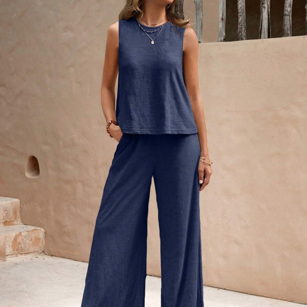 
                      
                        Round Neck Sleeveless Top and Wide Leg Pants Set
                      
                    