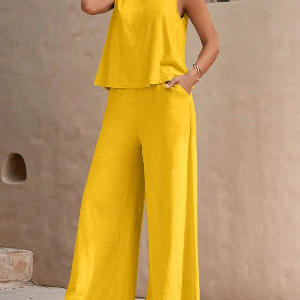 
                      
                        Round Neck Sleeveless Top and Wide Leg Pants Set
                      
                    